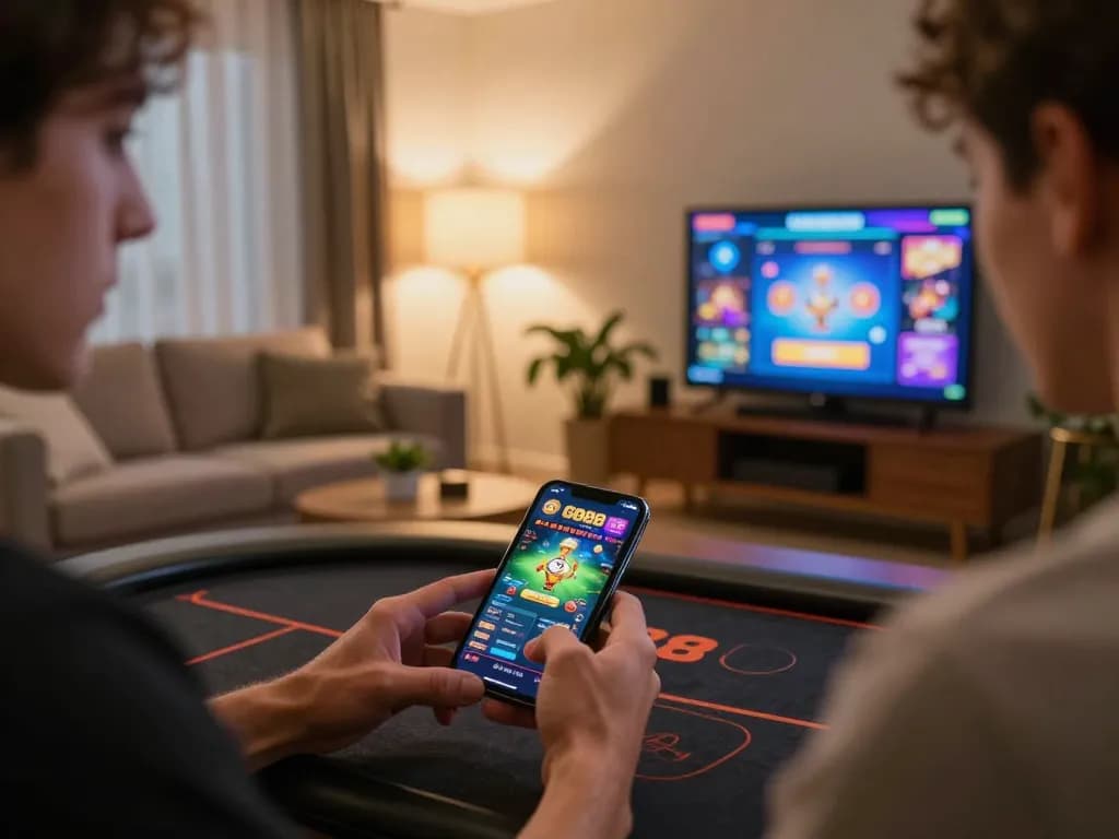 Player enjoying GO88 mobile app for an engaging gambling experience in a cozy setting