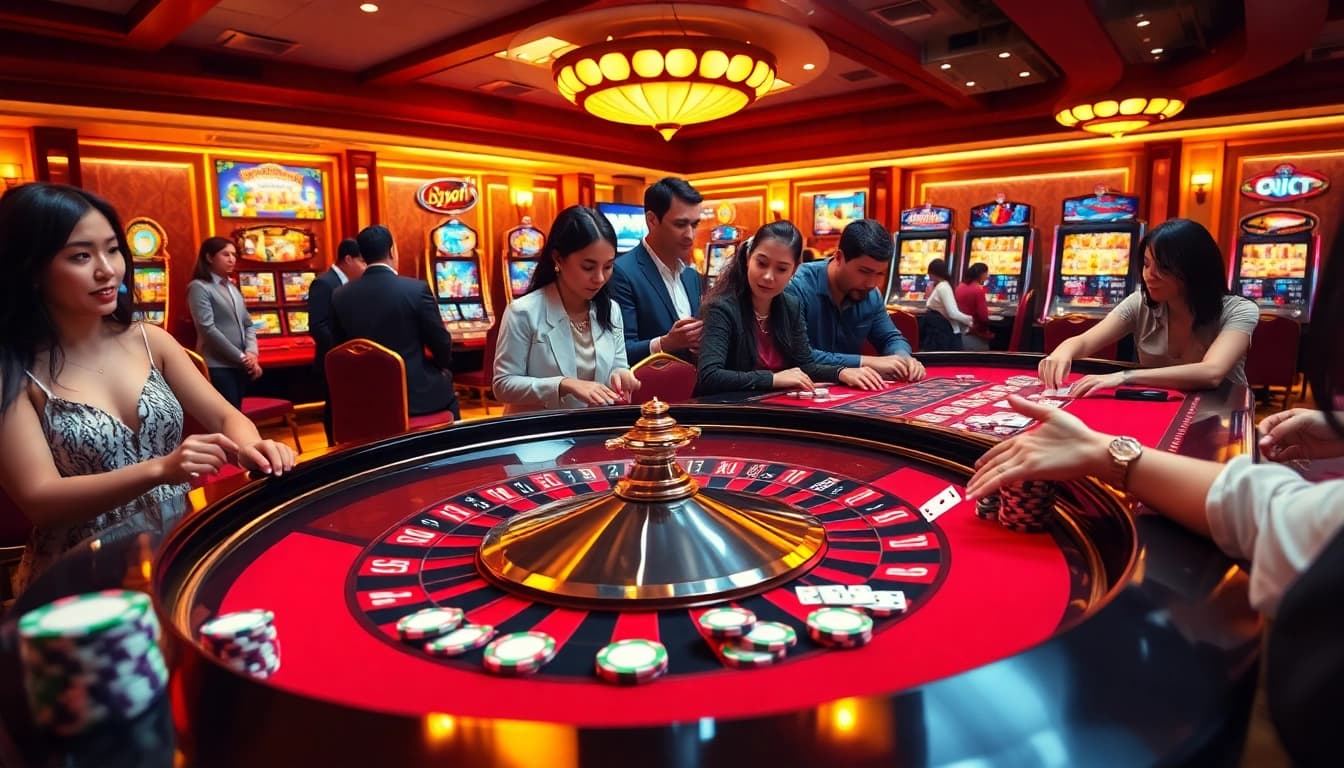 Experience thrilling gameplay at bsport's luxurious casino with poker chips and vibrant slot machines.
