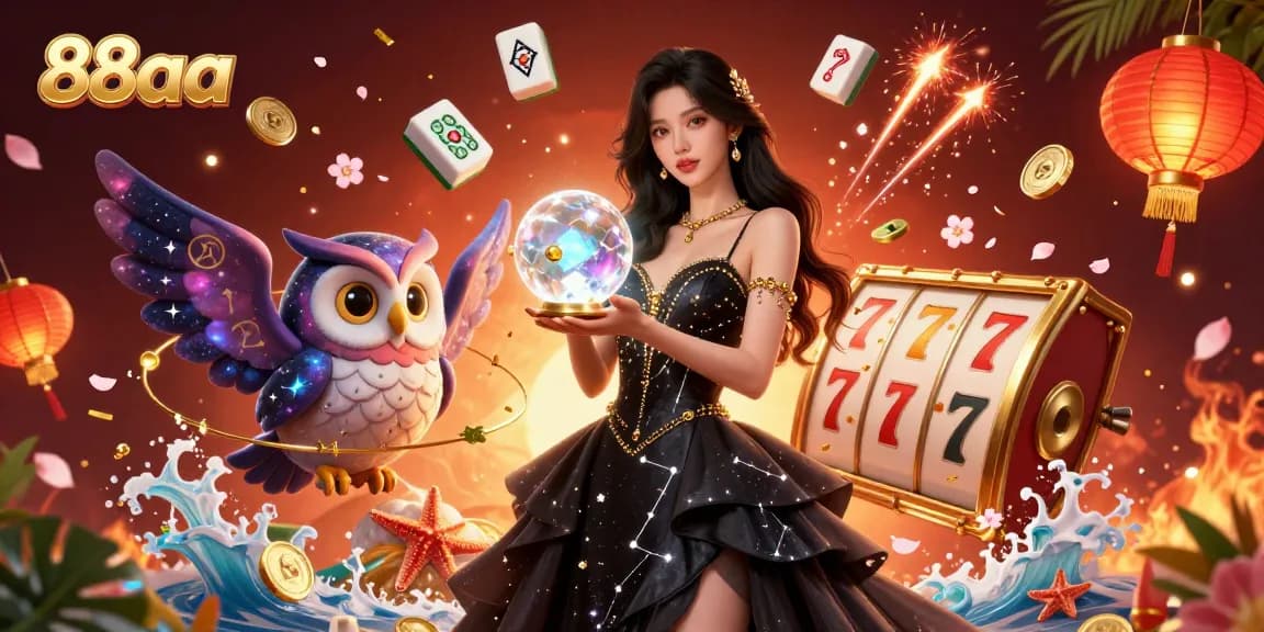Experience immersive gaming with 88aa, featuring a dazzling scene of a woman holding a crystal ball amidst dynamic slot elements.
