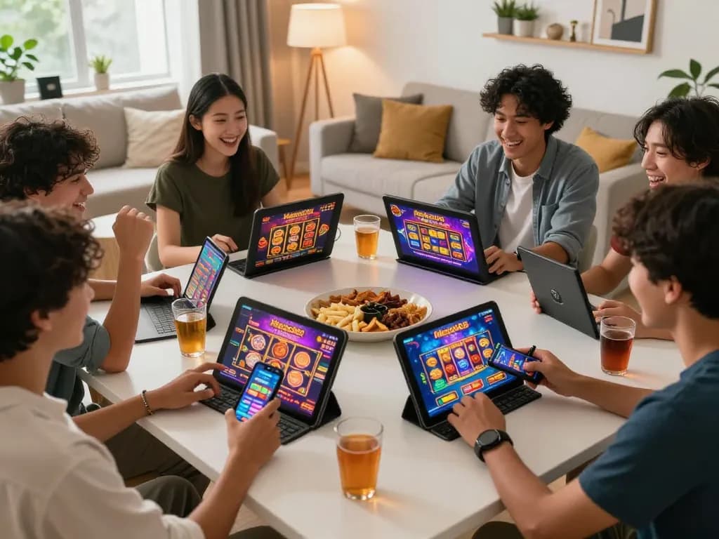Friends enjoying Mega888 games on smartphones and tablets in a cozy living room setting.