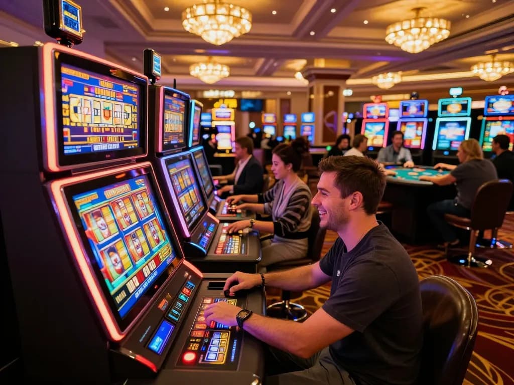 Player spinning the reels on a slot machine at 88clb casino, showcasing an exciting gaming atmosphere with vibrant lights.
