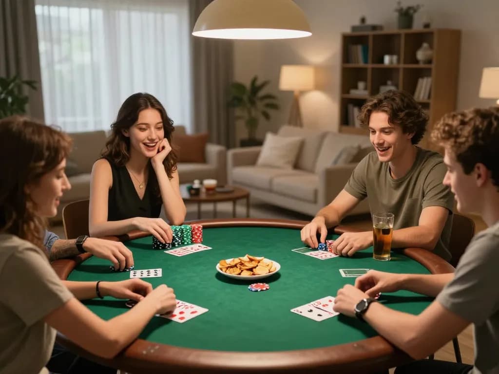 Engaging poker night scene featuring friends celebrating near the trang chủ GA6789 table, with colorful chips and cards.
