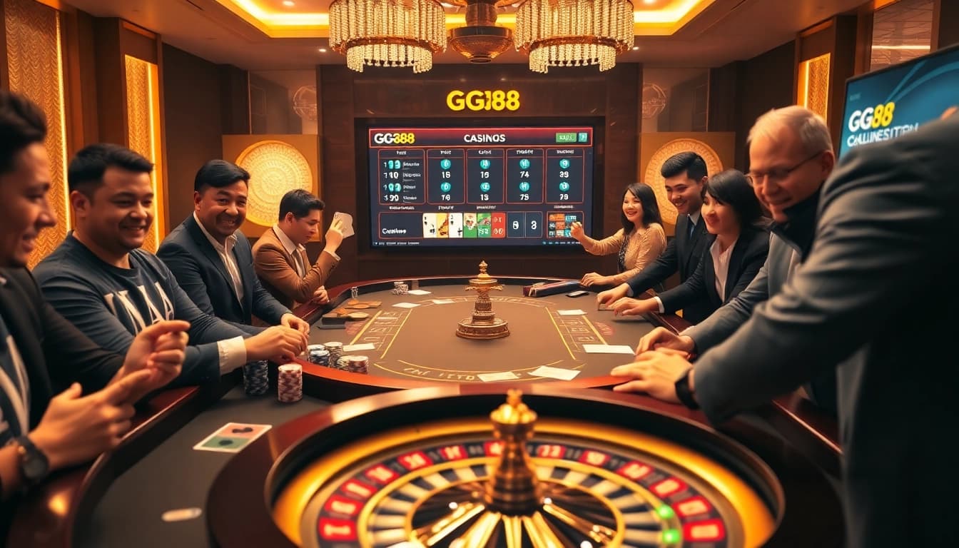 Players winning at GG88 casino table surrounded by chips and cards in a vibrant atmosphere