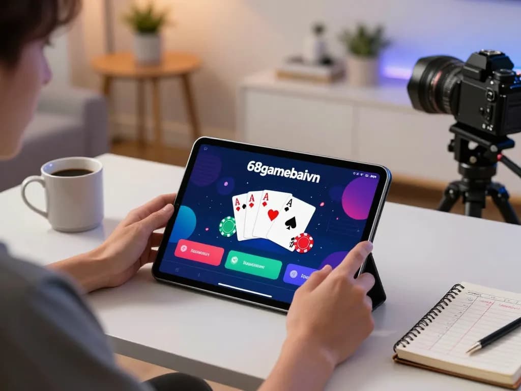 Engaged player enjoying 68gamebaivn on tablet, showcasing poker gameplay and strategy.
