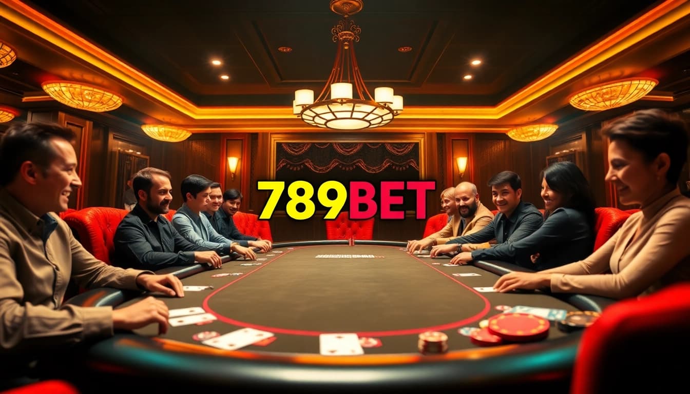 Players strategizing at a poker table in a luxurious casino setting with the 789BET branding present.