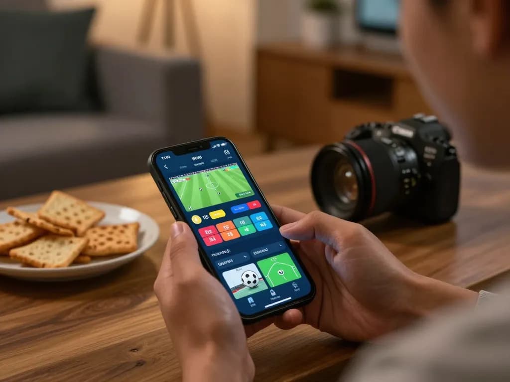 Engaging in live sports betting on alo8 with a smartphone during a football match.