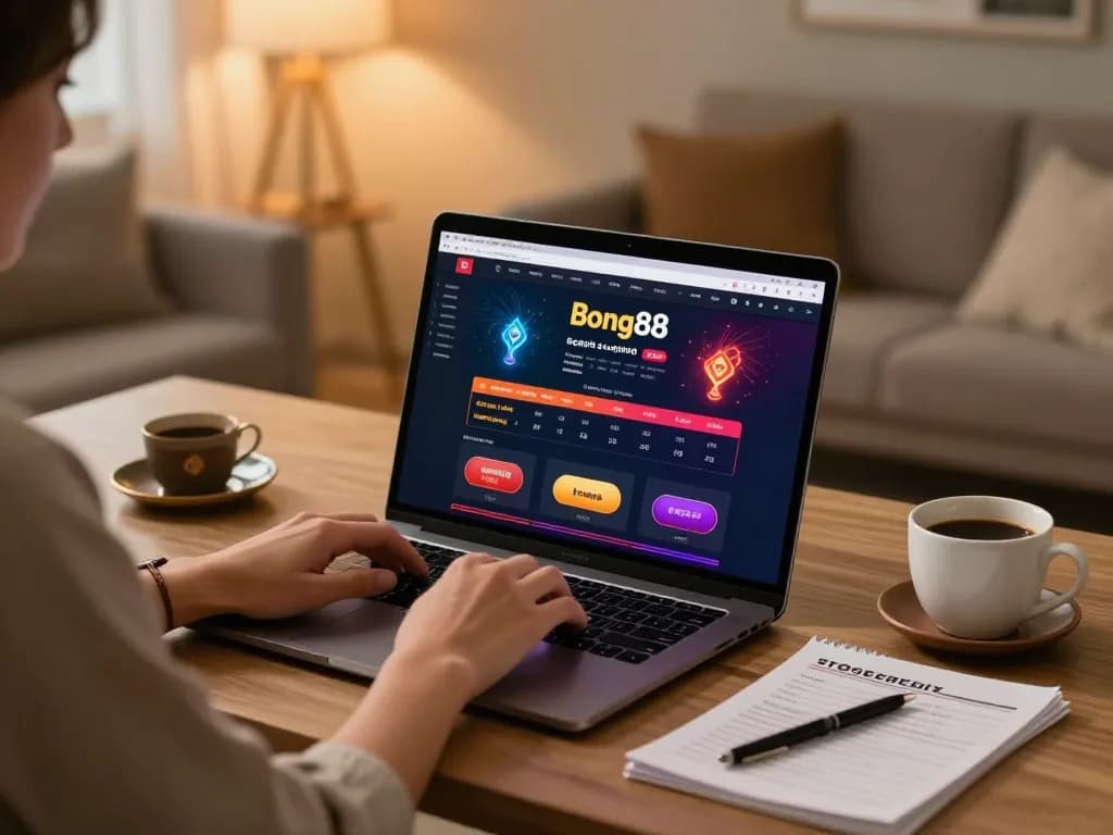 Bong88 player engaging in online betting with a laptop on a cozy desk setup