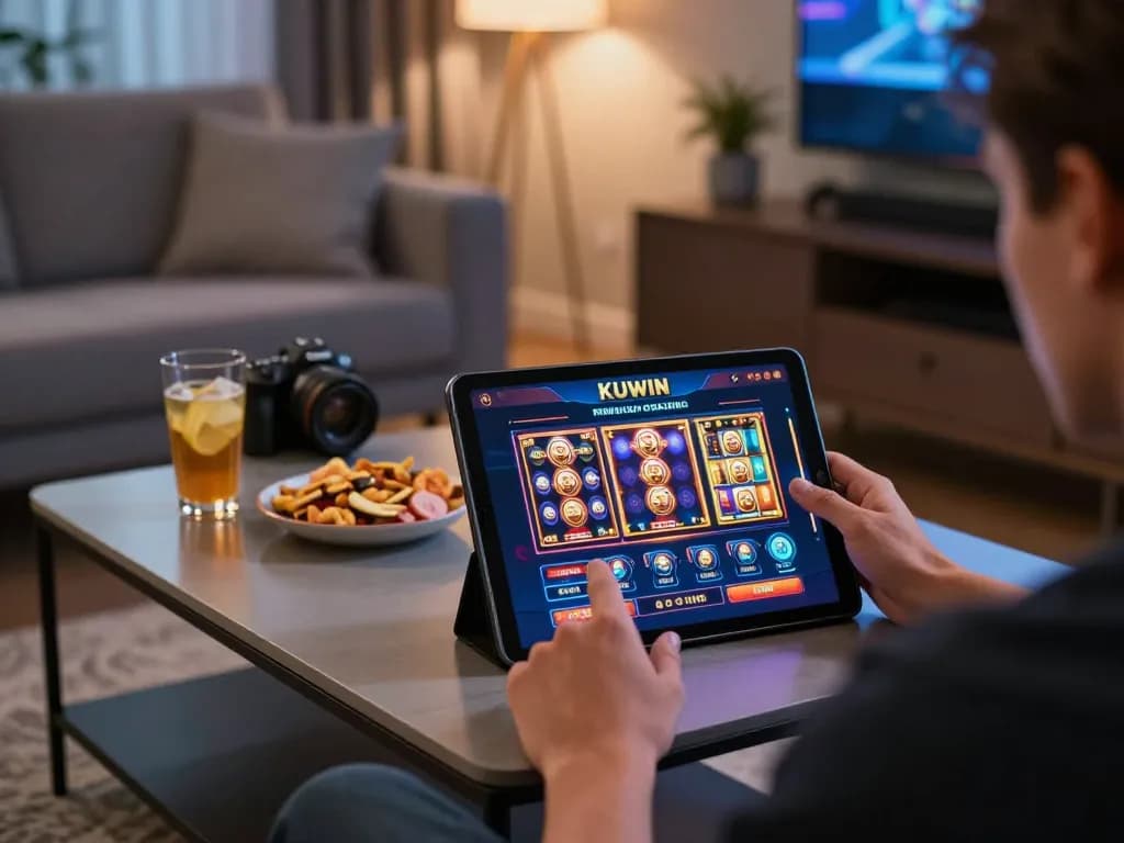 Engaging with the KUWIN online casino app for slot games in a cozy home setting.