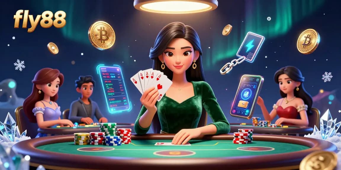 Experience the thrill of poker at fly88 with a beautiful player and vibrant gaming elements.