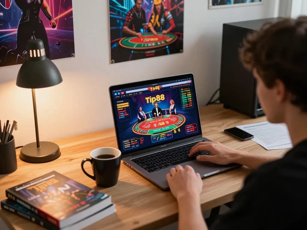 Engaging on tip88 online casino game from a cozy home setup with laptop and notes.