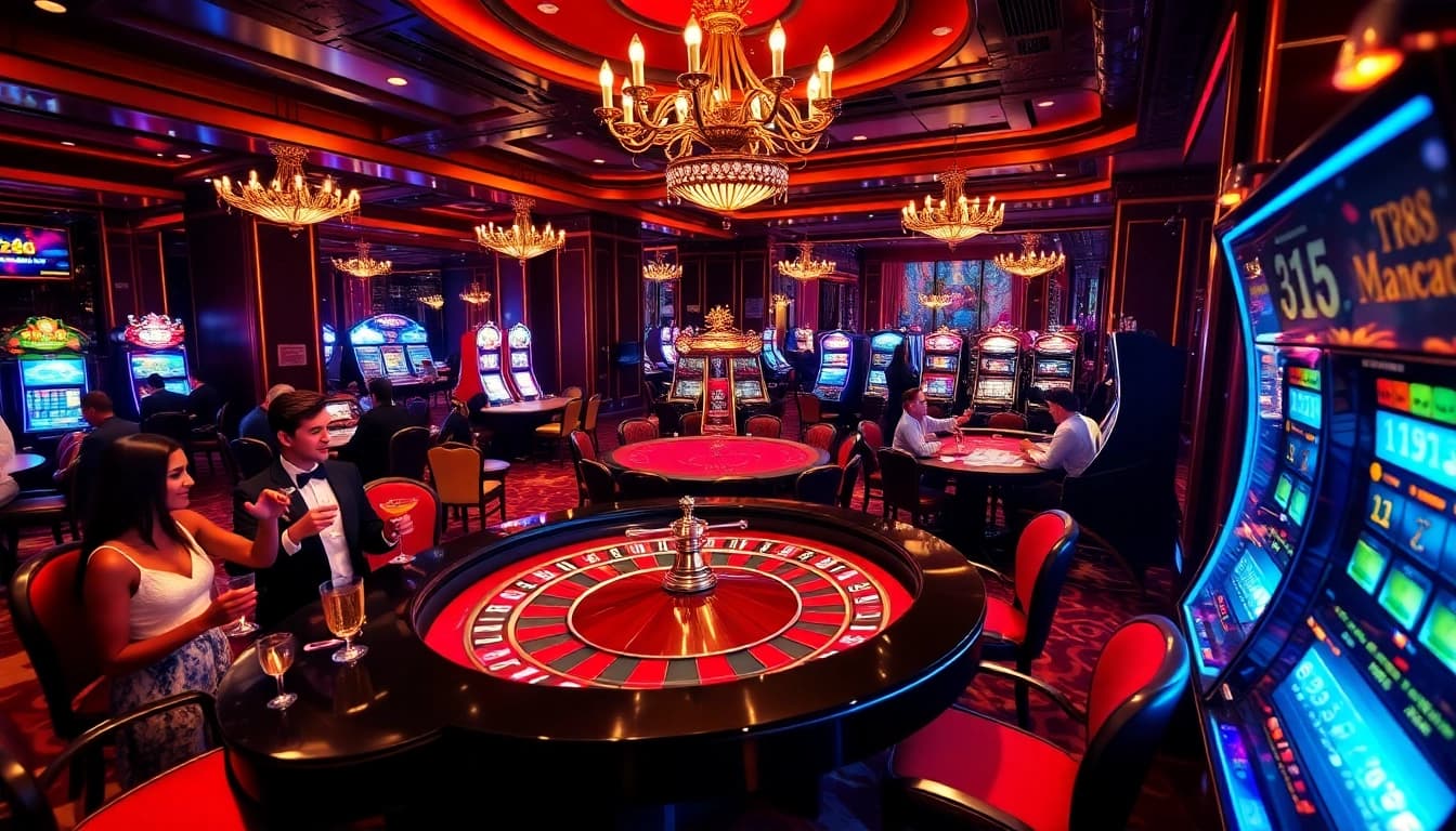 Experience the thrilling atmosphere at tr88 with a bustling casino scene featuring vibrant slot machines and lively poker tables.