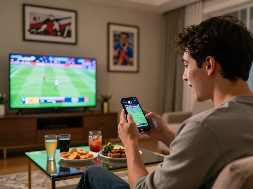 Sbobet app being used to place exciting bets during a sports game at a stylish home.