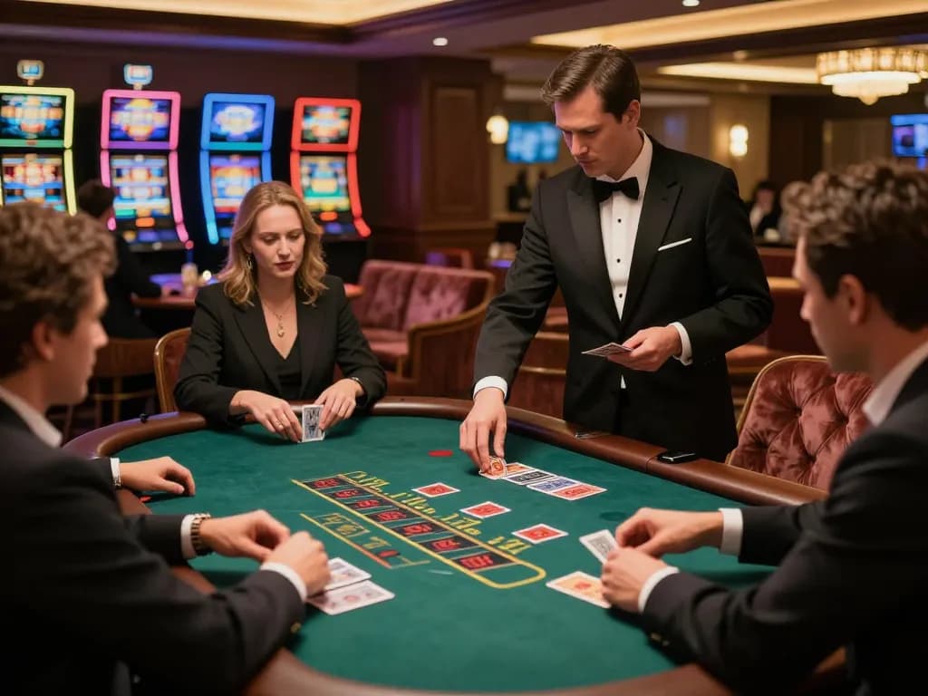 Players enjoying blackjack at an elegant casino table, showcasing the excitement of S88 gaming strategies in action.