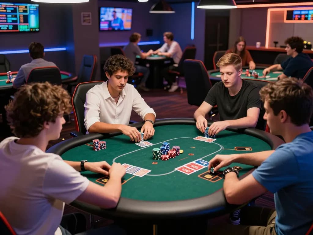 Players enjoying a competitive Go8 poker game with vibrant chips and dynamic atmosphere.