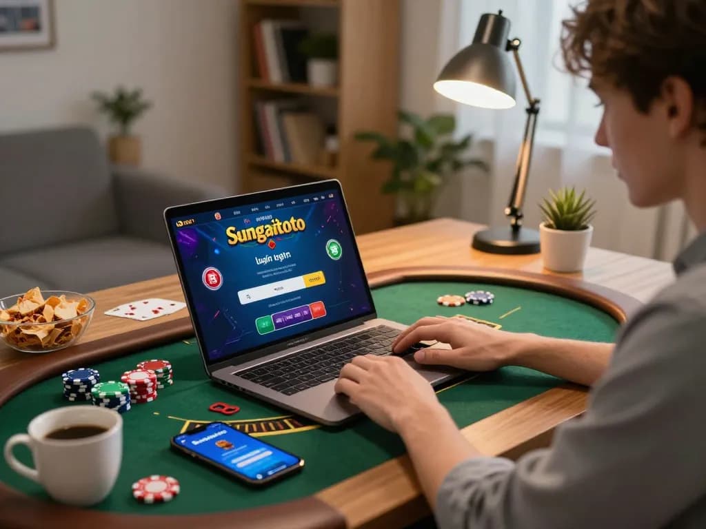 Sungaitoto login showcasing an engaged user playing blackjack online, with vibrant graphics and atmospheric home office setup.