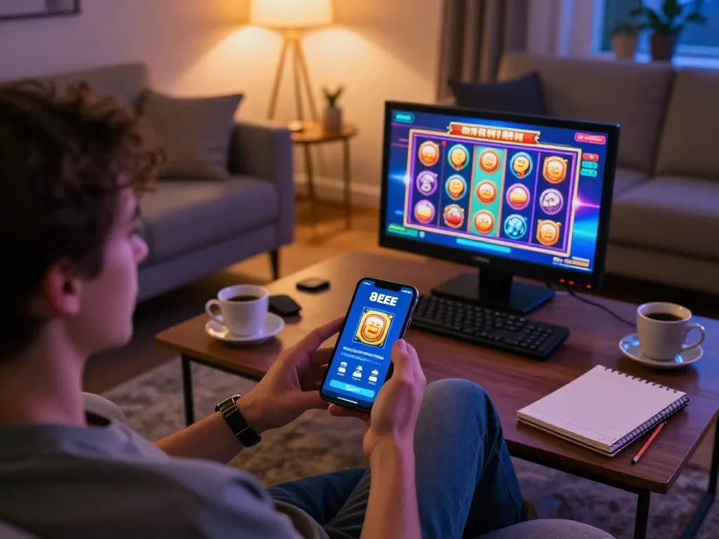 8EEE mobile casino gaming experience at home with colorful slot game on smartphone.