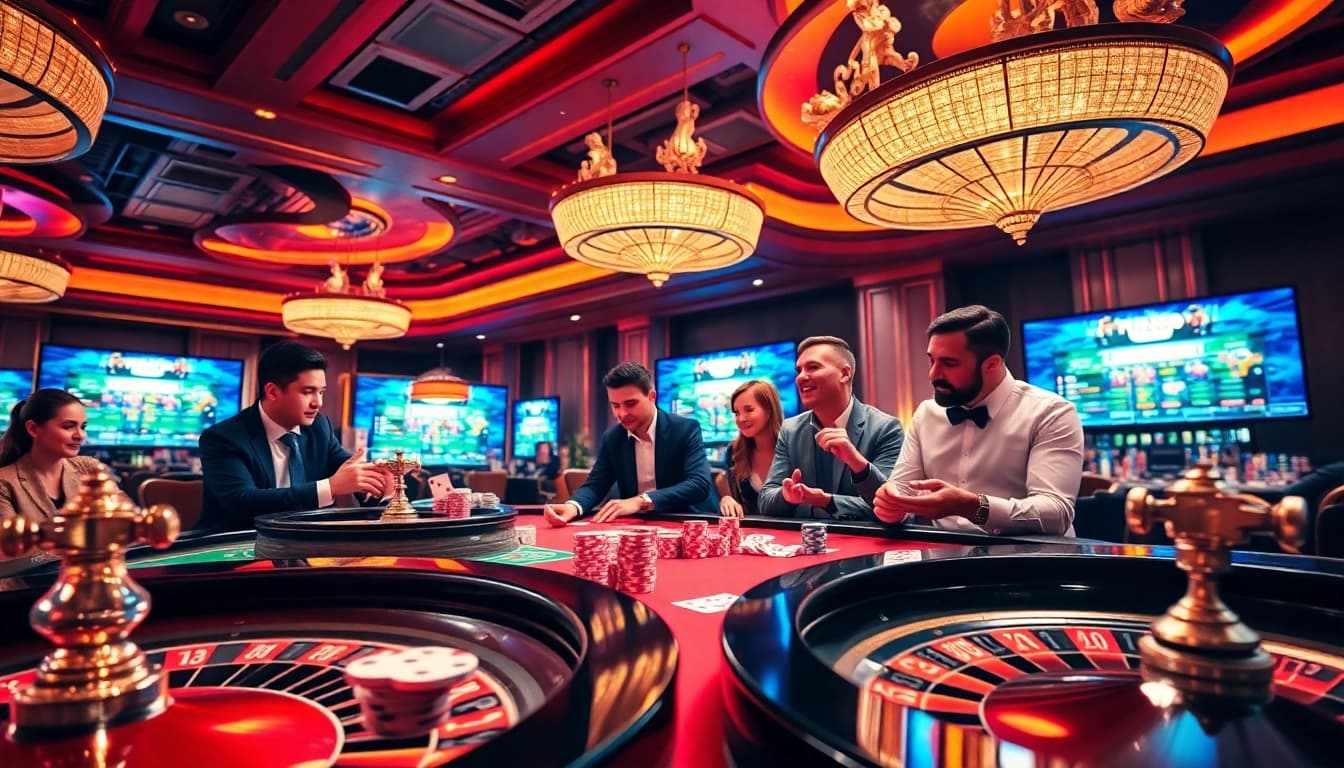 Gamblers enjoying vibrant action at a casino table, capturing the thrill of online gambling at https://vin88ac.com/.