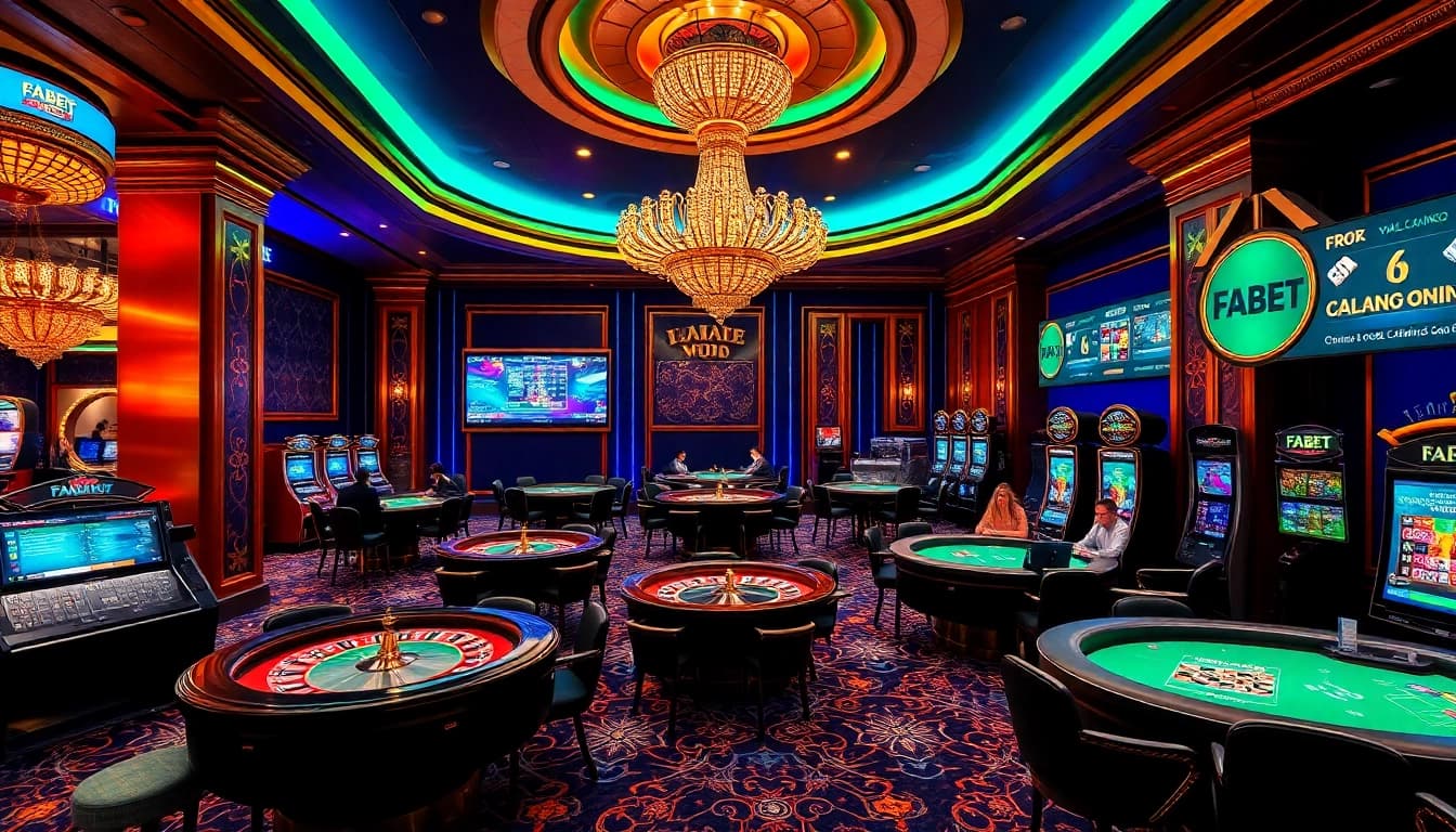 Experience thrilling gameplay at FABET with vibrant casino visuals featuring poker tables and slot machines.