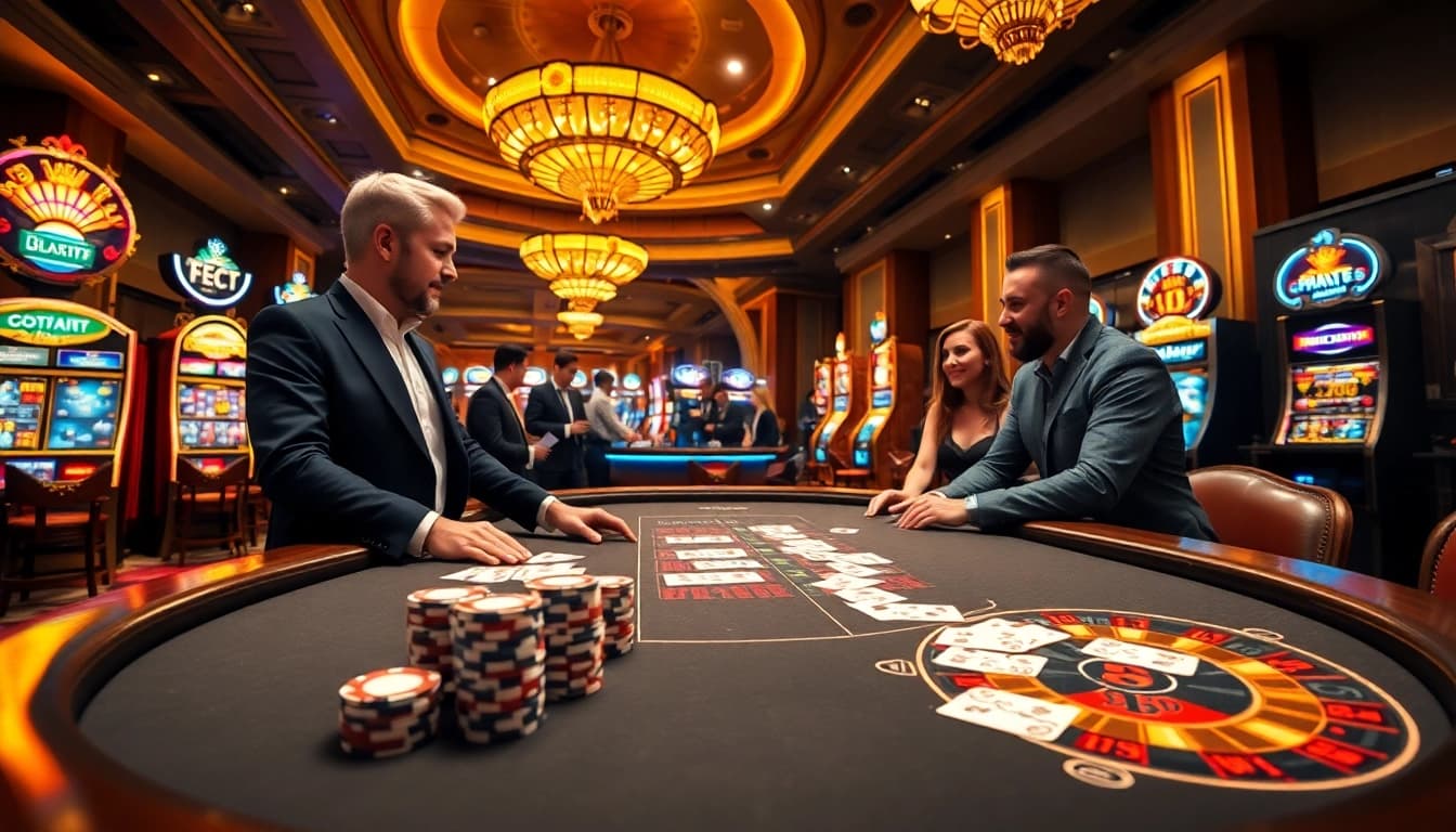 Experience the excitement of s666 with players at a vibrant casino table, enhancing the thrill of gambling.