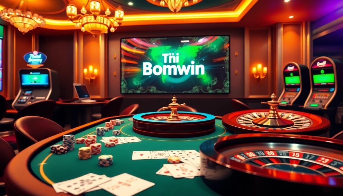 Tải Bomwin app showcased with a vibrant casino scene featuring poker table and roulette.