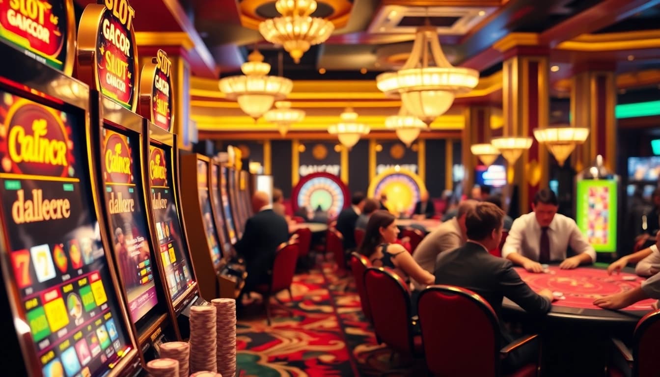 Gamblers enjoying a luxurious casino atmosphere with slot gacor machines and engaging poker tables.