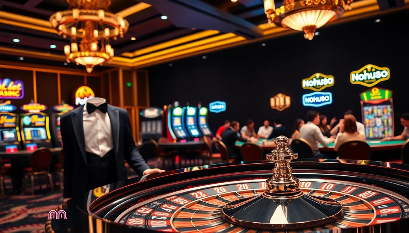 Nohu90 casino scene featuring elegant roulette table and vibrant slot machines.
