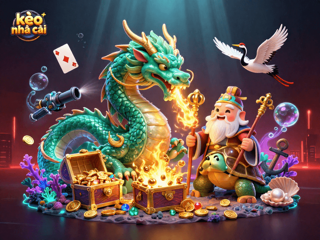 Engage in thrilling gameplay with kèo nhà cái featuring a jade dragon and lucky cranes amidst treasure