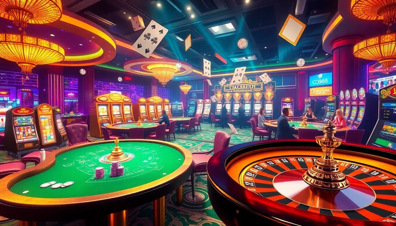 Players engaging with exciting games at CO88's casino floor, showcasing vibrant slots and table games.