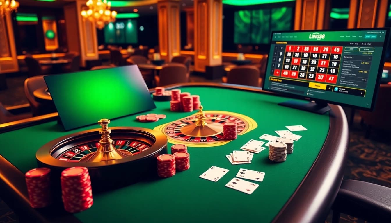 Experience thrilling betting action with link bong88 at a vibrant casino table featuring poker chips and cards.