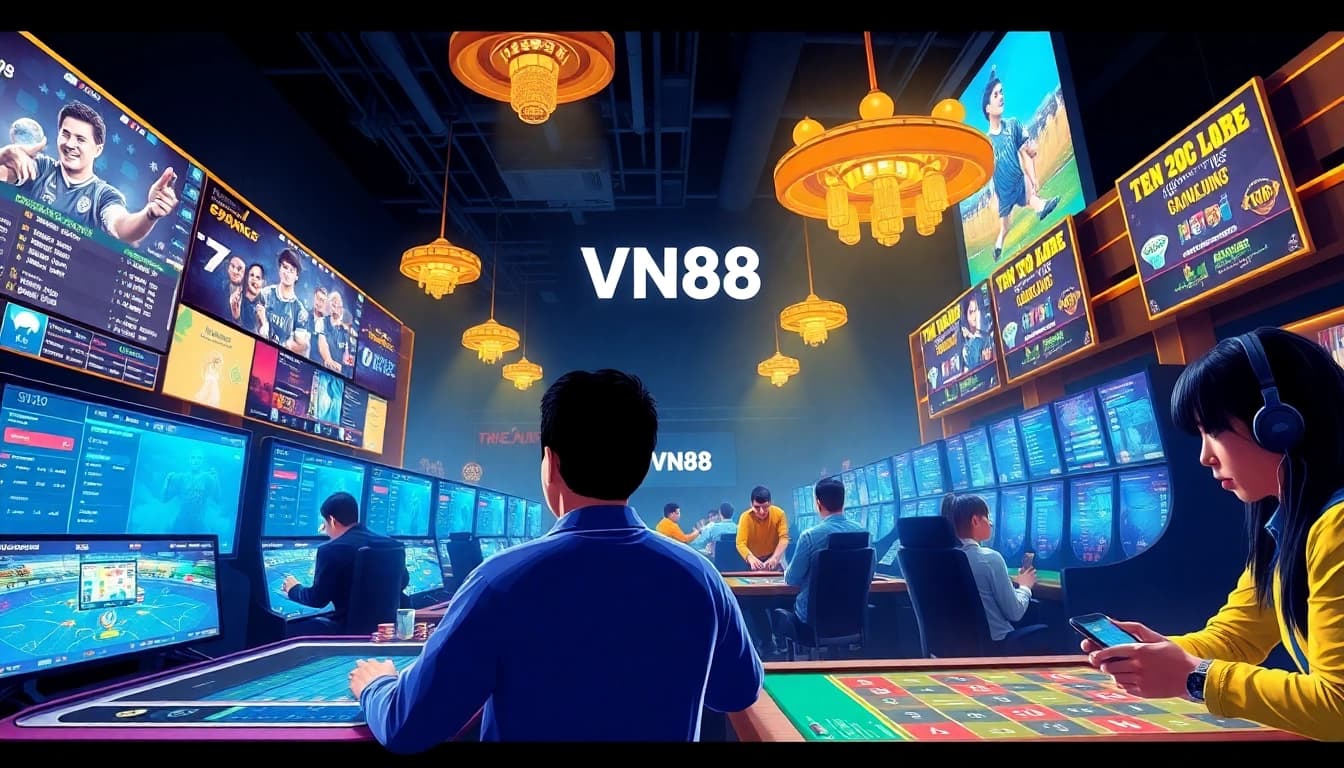Exciting online gaming scene featuring VN88 logo, diverse players, and vibrant casino atmosphere.