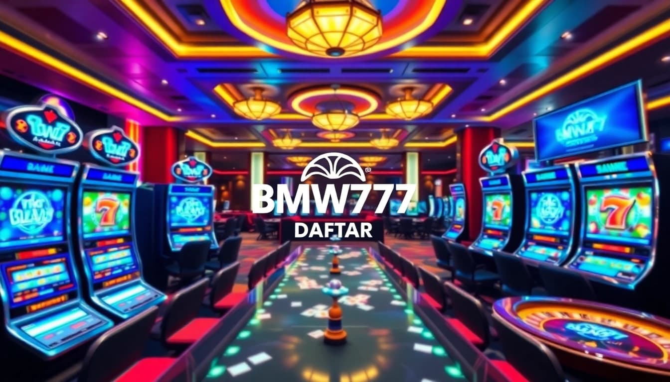 Bmw777 Daftar showcasing vibrant slot machines and exciting casino elements in a luxurious setting.