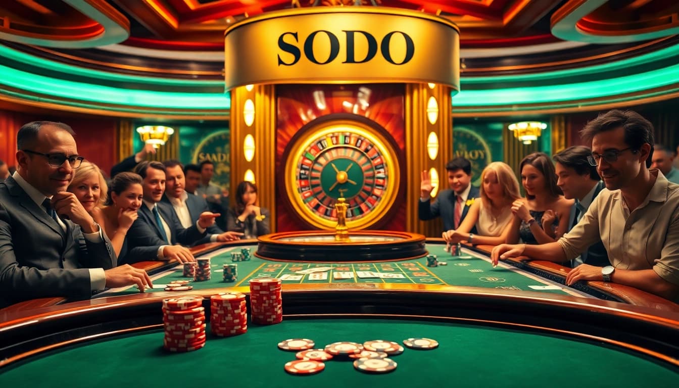 SODO Casino players enjoying an exciting round of poker with vibrant colors and luxurious decor.