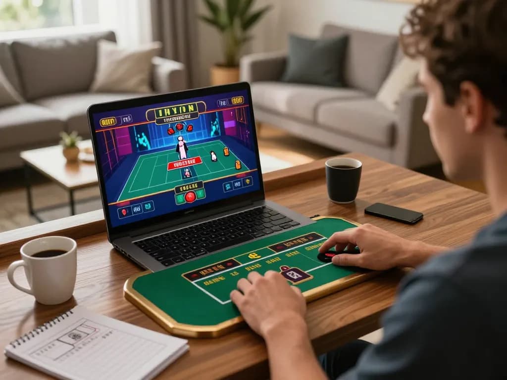 Engaging with aa88 live dealer game on a laptop during a home gaming session.