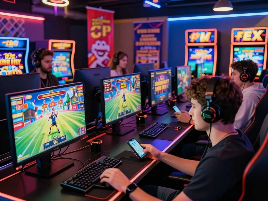 Exciting gaming scene showcasing luck8 players engaging in vibrant online betting experiences, immersed in slots and sports.