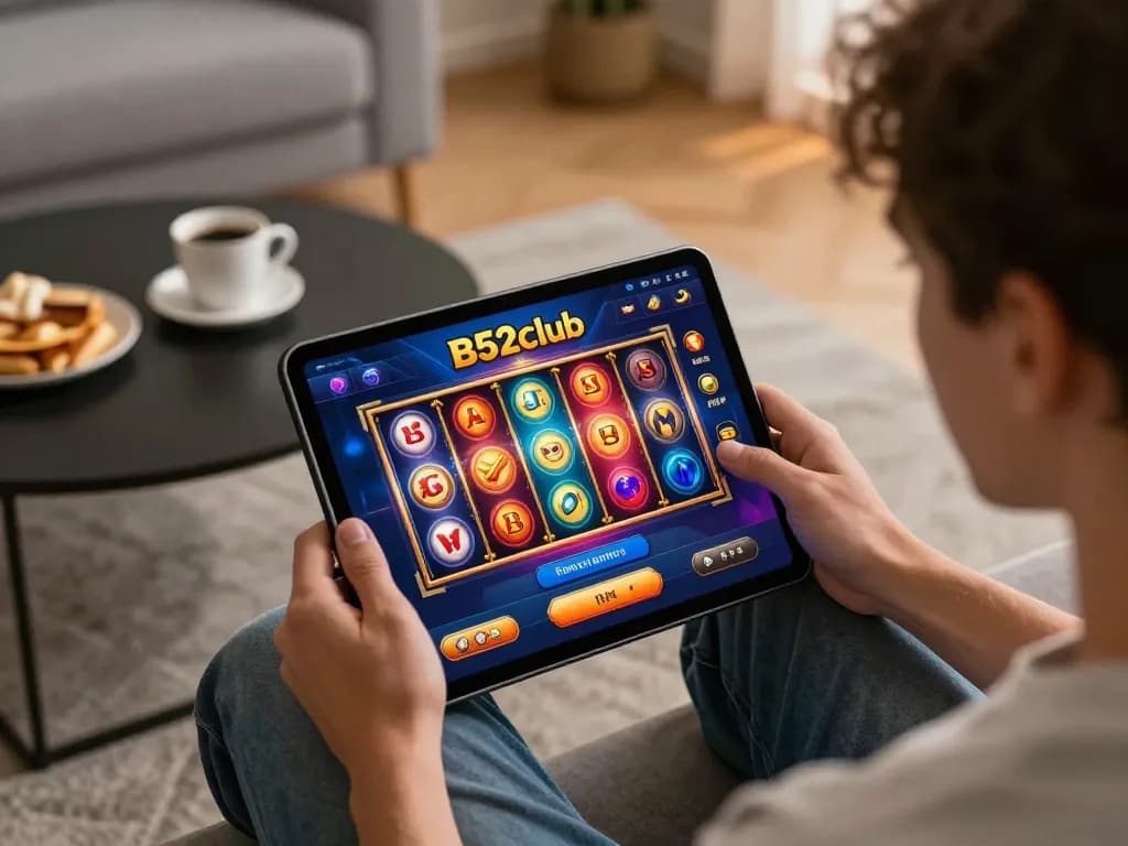 B52club player enjoying engaging online slots in a cozy home gaming setup.