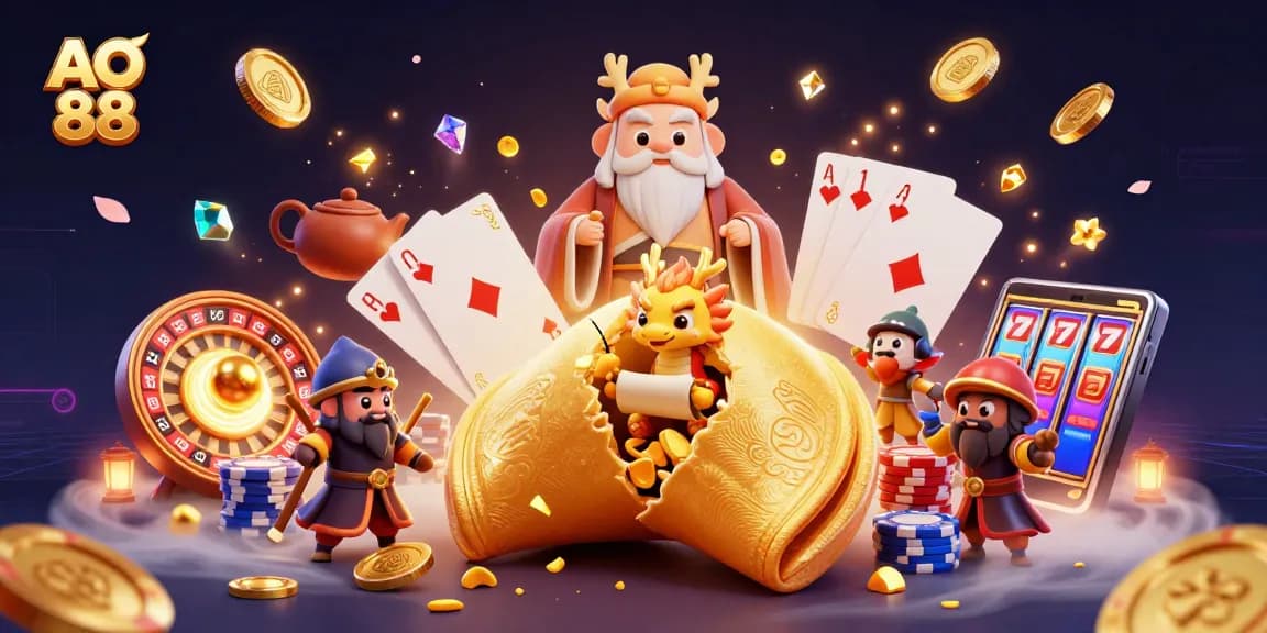 Experience the excitement of AO 88 with a dynamic casino scene full of vibrant gold and game elements.