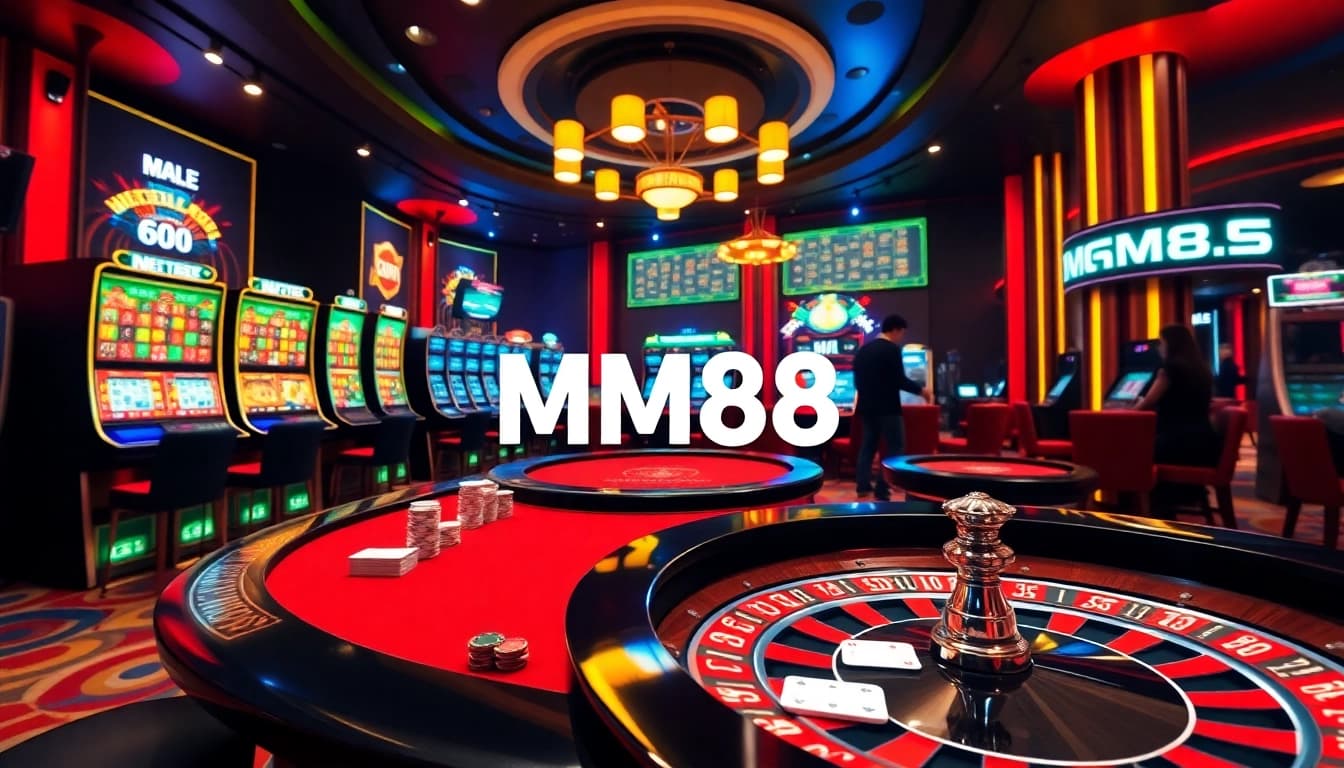 Experience high-stakes gaming at MM88 with vibrant slot machines and engaging poker players.