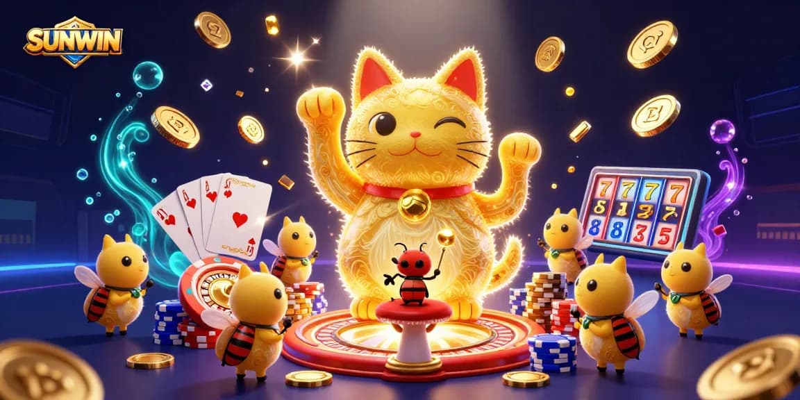 SUNWIN showcases a vibrant casino scene with a lucky cat, fireflies, and dazzling gaming elements.