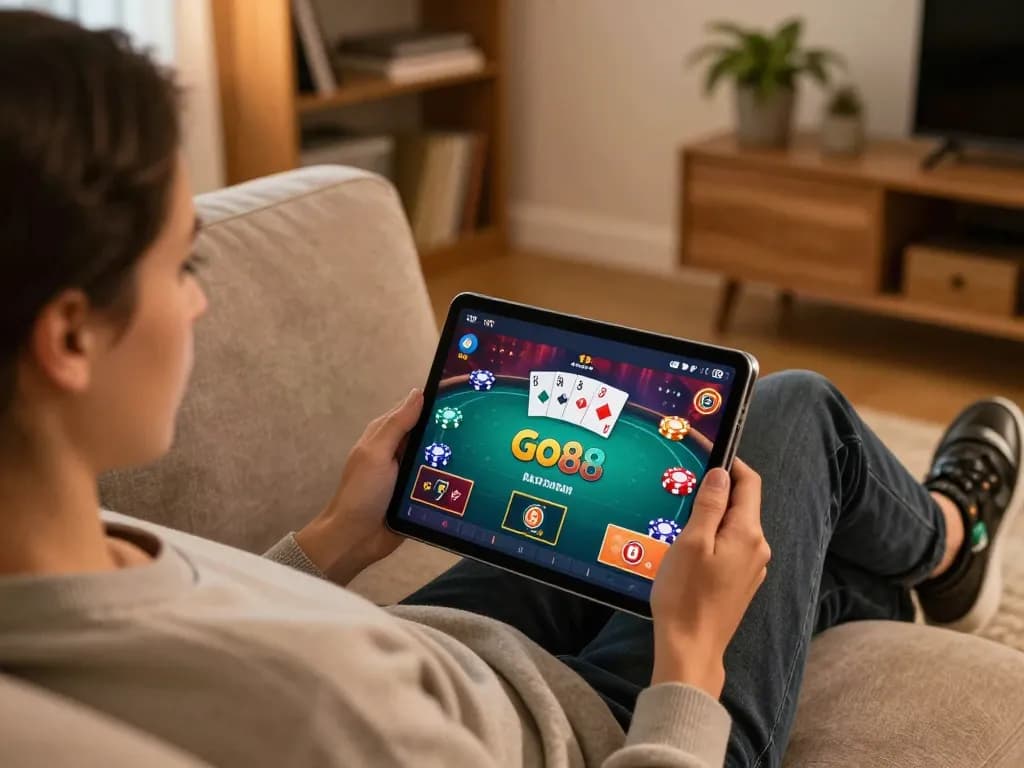 Engaging gaming experience on Go88 with vibrant poker game displayed on tablet in cozy home setting.