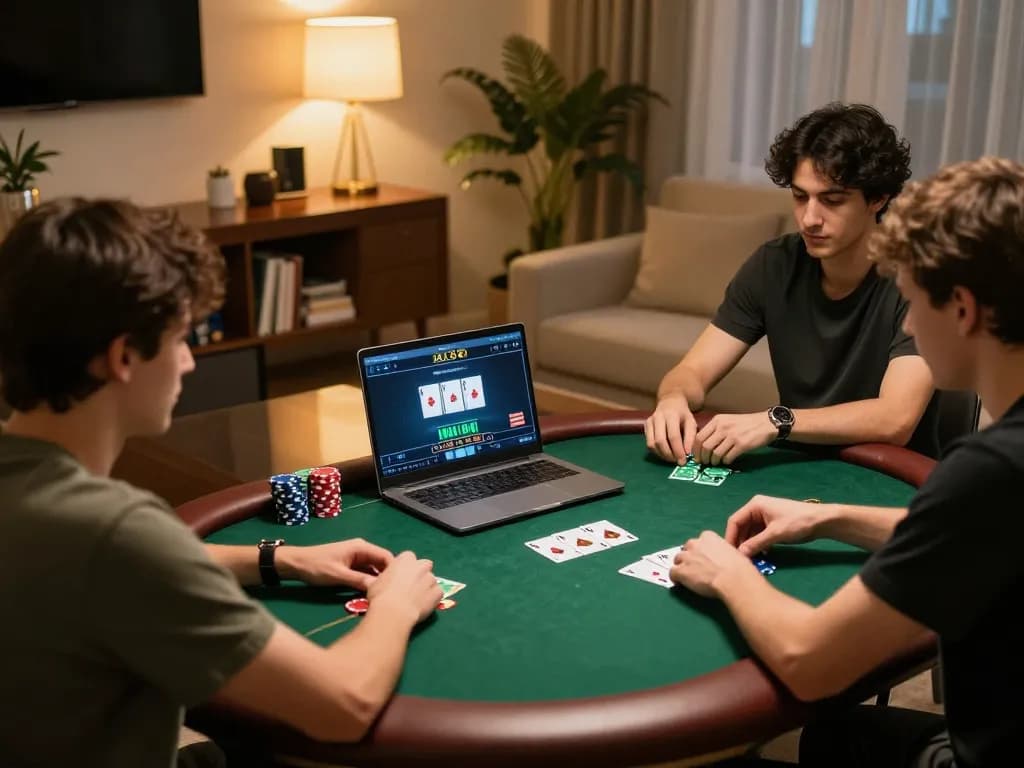 Players strategizing during an online poker game on ALO8 platform at home