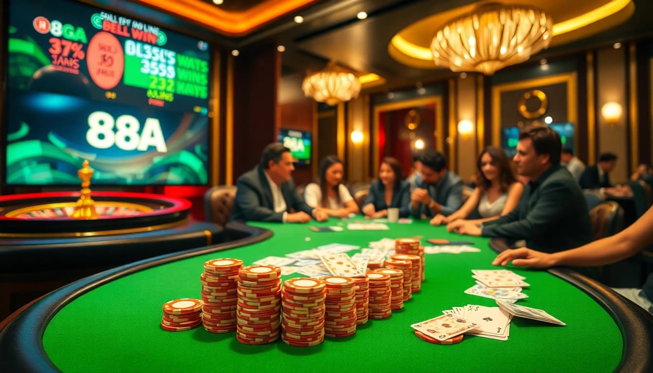 Players engaging in an exciting poker game at 88AA casino, with vibrant casino elements and professional ambiance.
