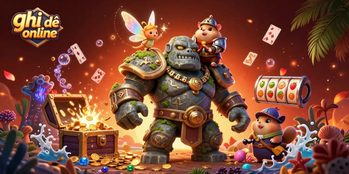 Engage with the thrilling world of ghi đề online as you witness a stone golem guardian spring to life in an enchanting casino scene.