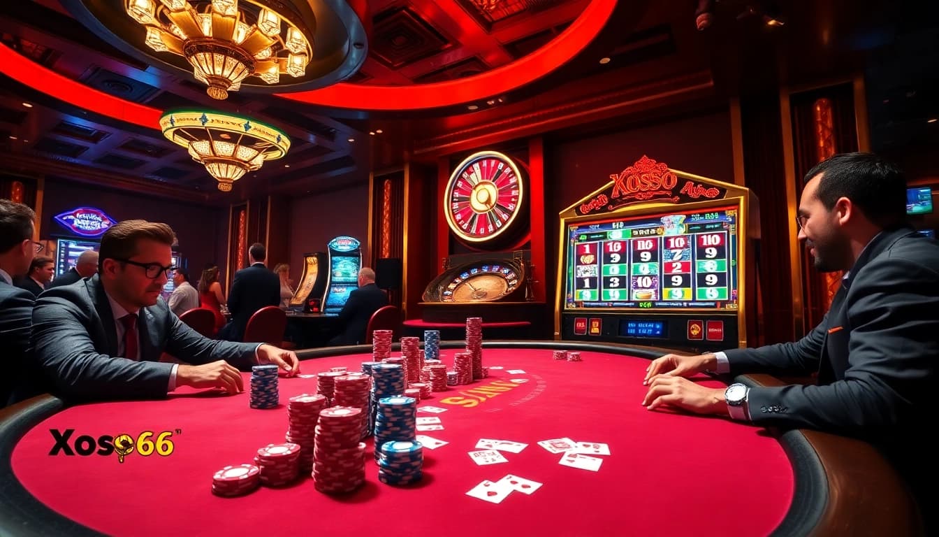 Xoso66 poker players enjoying a thrilling casino experience with vibrant chips and roulette wheel.