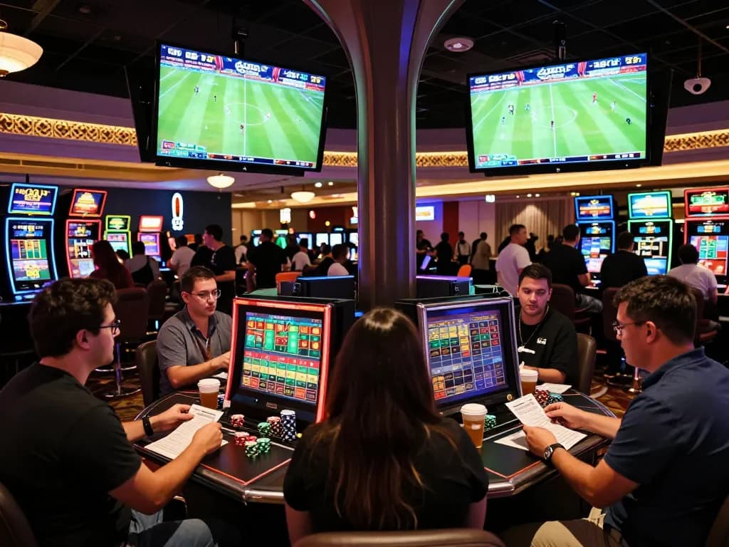Excited fans engaging in sports betting while watching ดูบอล live on screens in a casino.
