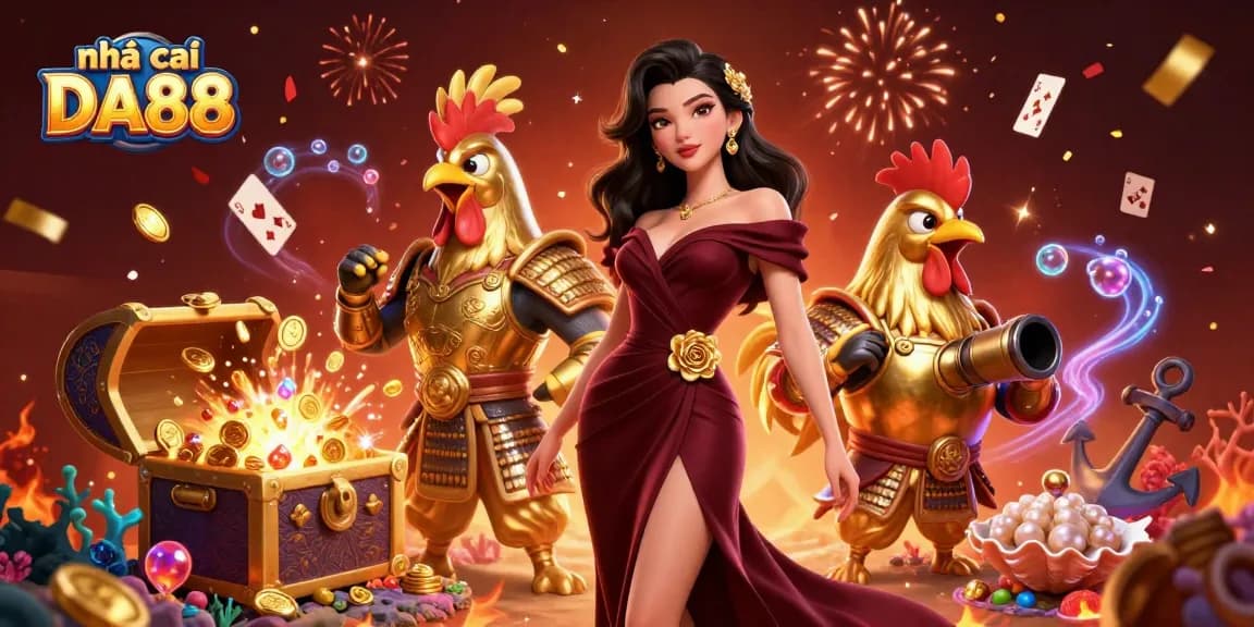 Experience thrilling moments with nhà cái DA88 in this vibrant casino illustration filled with gold and excitement.