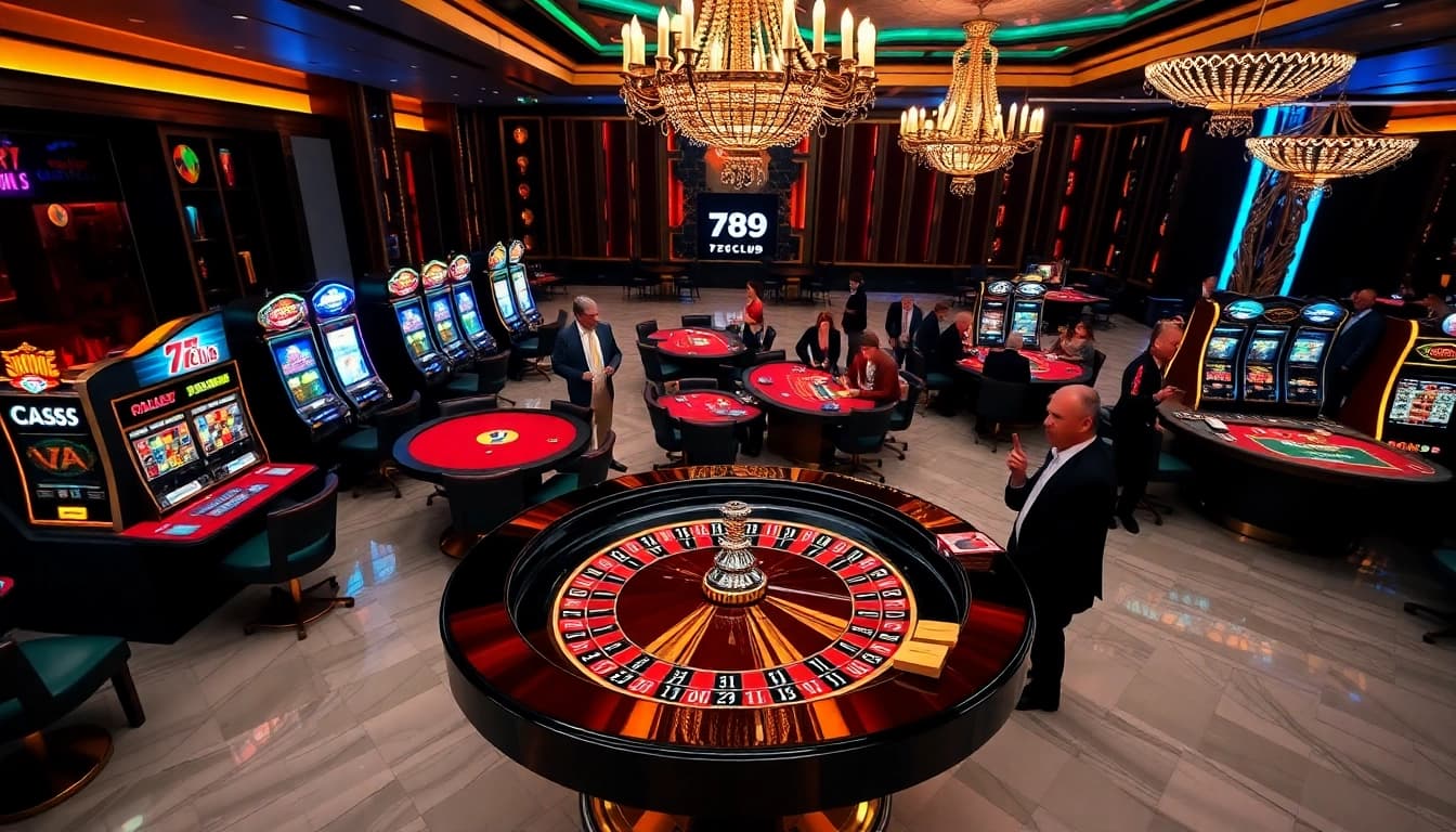Excited players enjoying high-stakes gaming at 789club's luxurious casino tables.