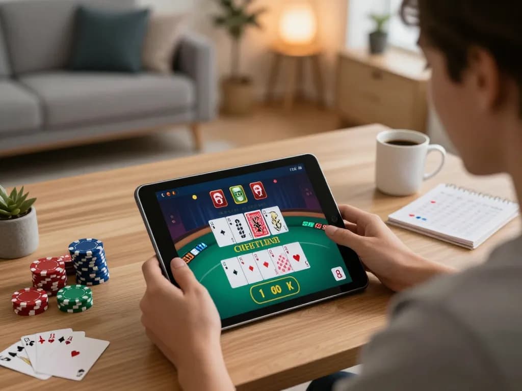 Cakhiatv user playing live poker on tablet in a cozy home setting, showcasing strategic gaming.