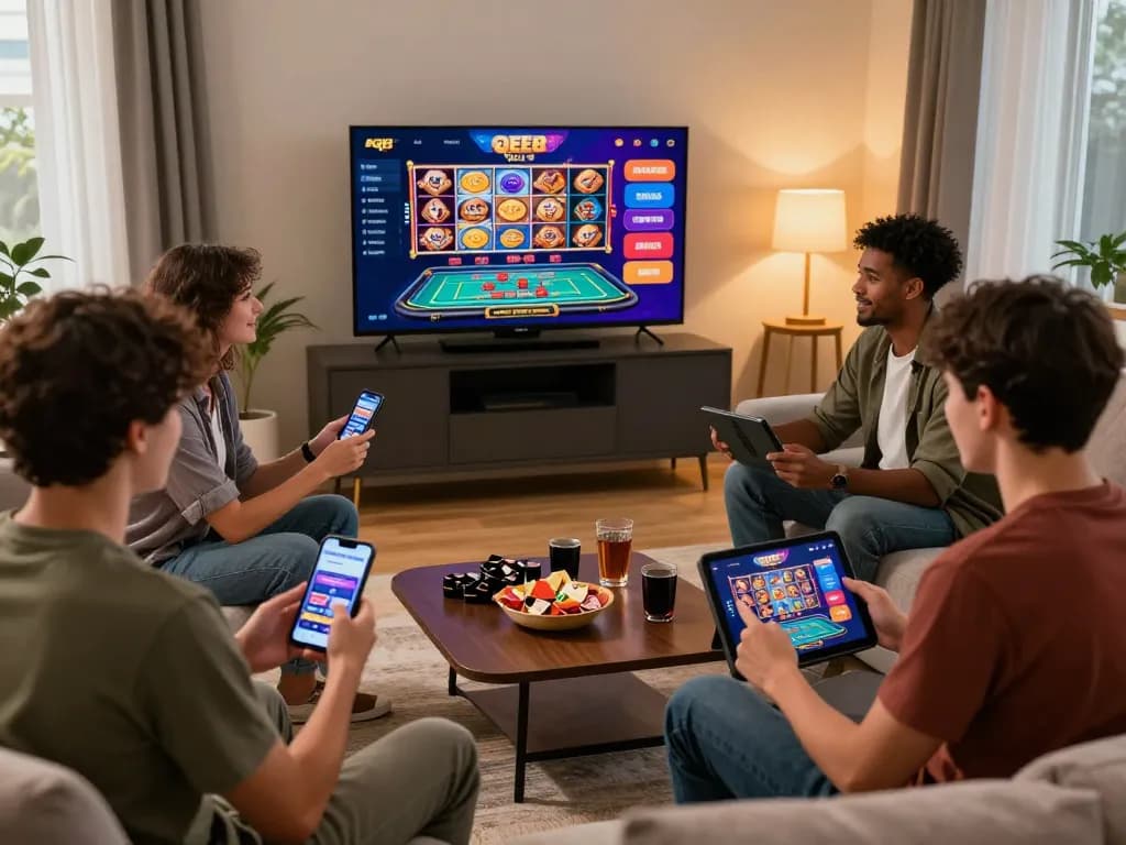 Online gaming experience with QE8 interface on devices and excited players.