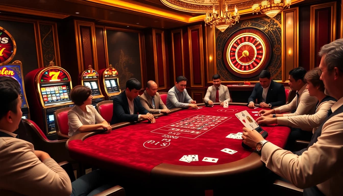 P3 players enjoying a thrilling poker game at a luxurious casino table with vibrant colors.