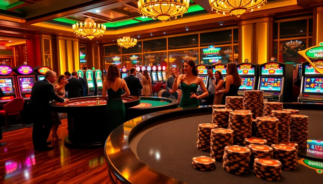 Players enjoying Hubet casino games with a glamorous dealer at a roulette table.